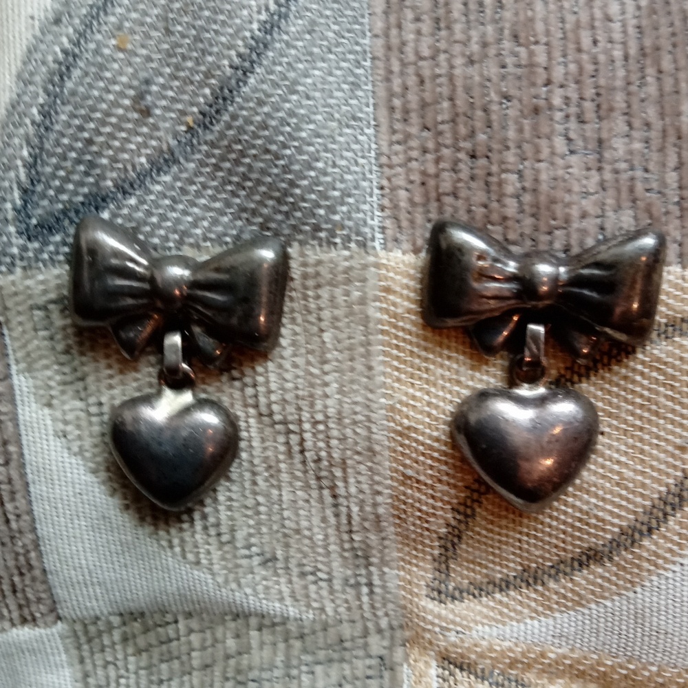 Vintage Sterling Silver Heart Earrings with Bow